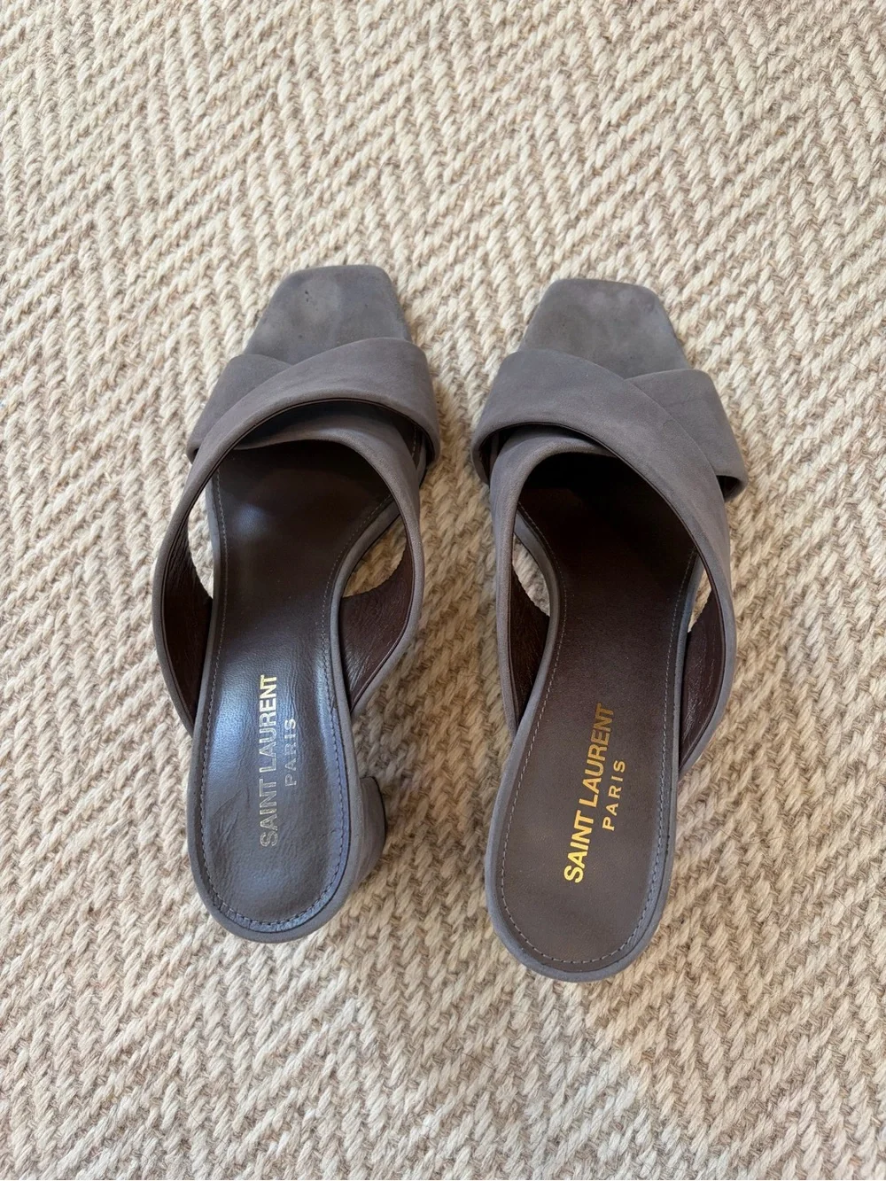 Like New! Saint Laurent Gray Suede Crisscross Mules | Size 40 - Picture 3 of 5
